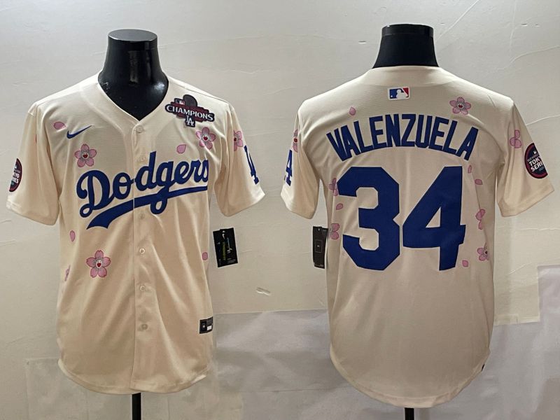 Men Los Angeles Dodgers 34 Valenzuela Cream White Blue Sakura Edition 2025 Nike MLB Jersey style 5